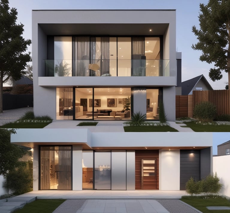 A sleek modern home rendered with AI, showcasing clean lines and natural light.