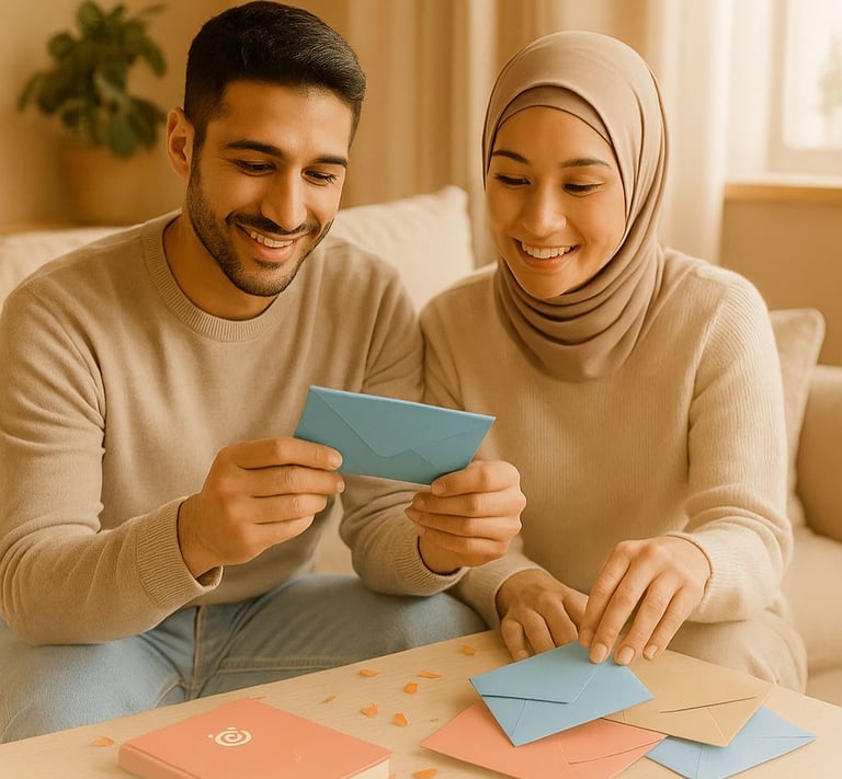Couple souriant découvrant une carte du coffret mariage Amidays
