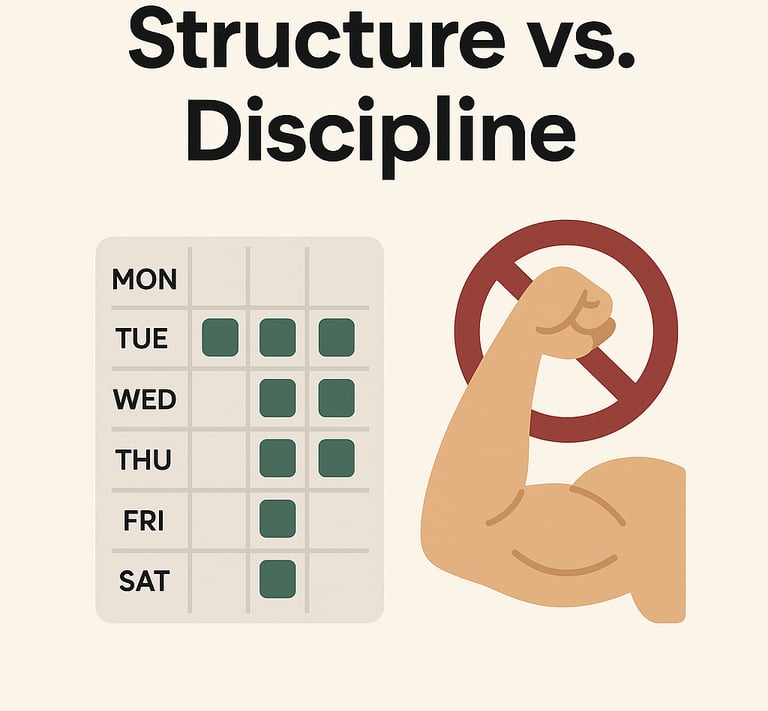 Flat-style illustration of a flexing arm with a weekly schedule labeled Monday through Friday, repre