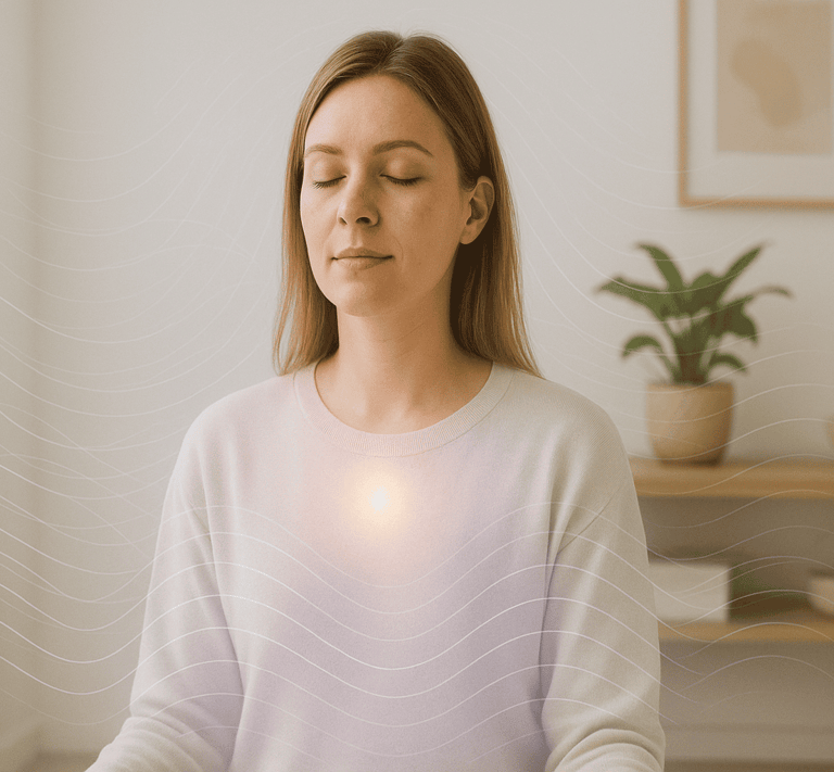 Person in calm healing session with glowing energy waves representing OMNIS and Healy quantum technology in Santa Ana