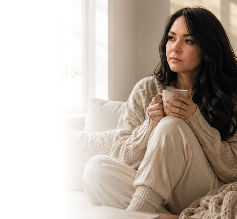 A pensive woman in a cozy sweater sits on a sofa holding a warm mug by a bright window.