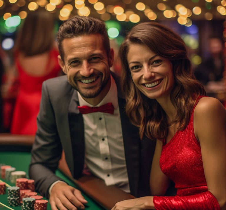 Smiling Couple at the gaming table. Woman in Red Dress and man wearing red bow tie
