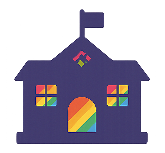 Rainbow-themed school illustration highlighting psychology support and consultations