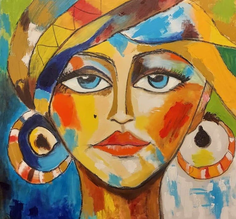 Painting of a woman with a hat and earrings