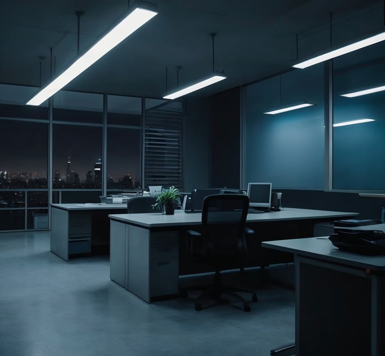 Empty office at night with soft fluorescent lights — the calm source of steady brown noise for sleep