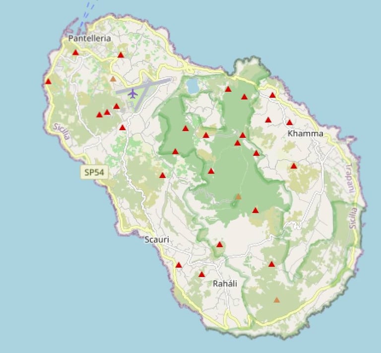 Illustrated map of Pantelleria island with geographic outlines and coastal landscape