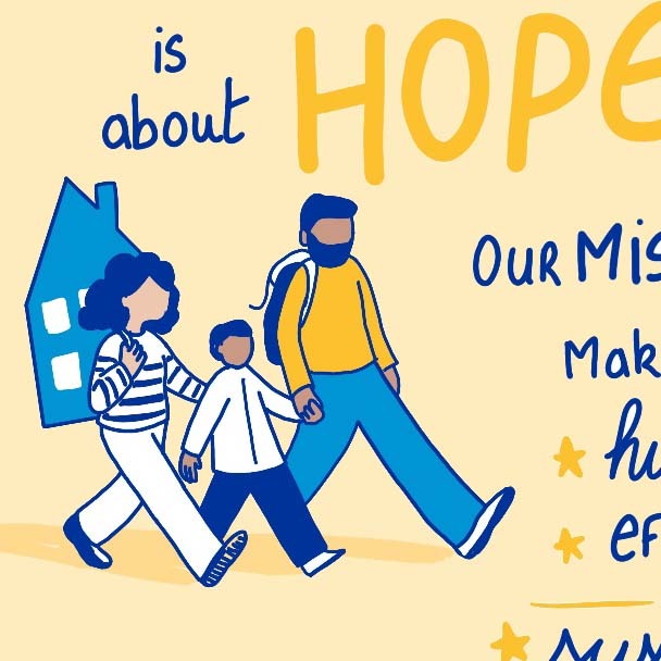 illustration of a family carrying their home on their back