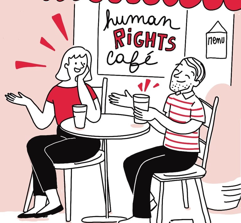 illustration of 2 people having a drink at a café