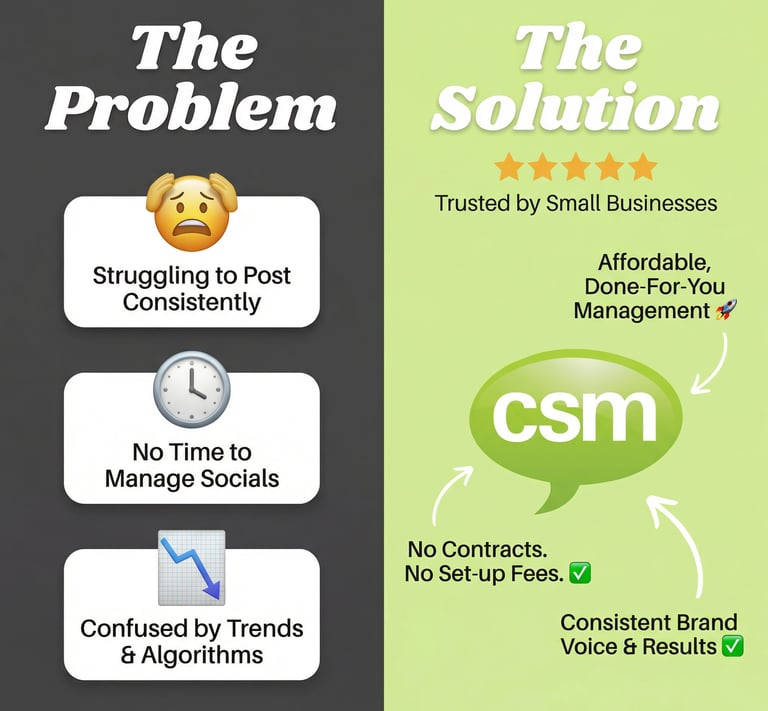 Left: "The issues" with social media for small businesses. Right: "The Solution" with csmteam.ca 