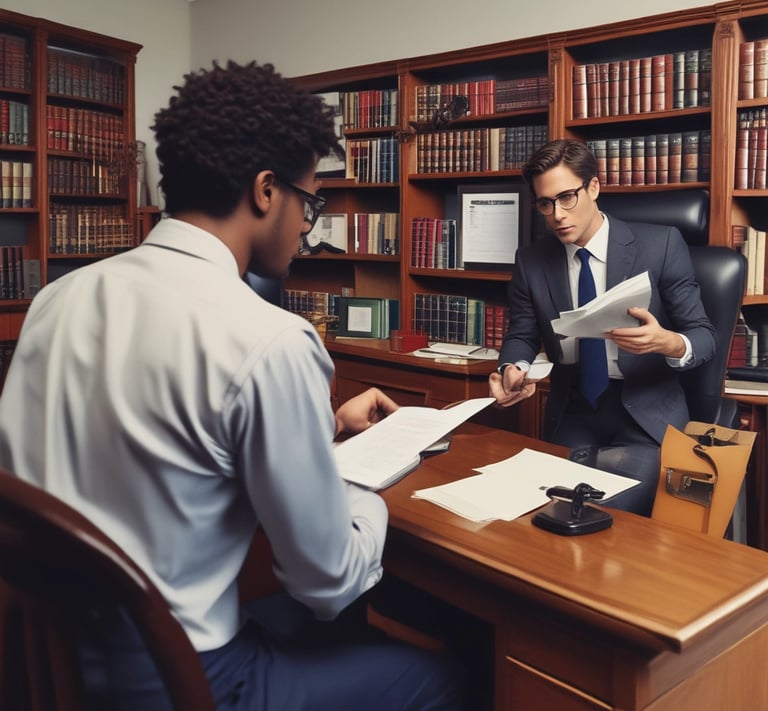 A professional lawyer consulting with a client in a modern office.