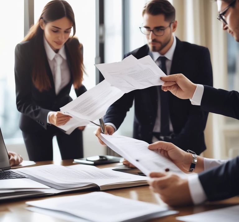 A professional lawyer consulting with a client in a modern office.