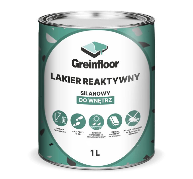 Puszka z niebieską etykietą produktu Greinfloor Lakier Reaktywny, silanowy do wnętrz o pojemności 1L