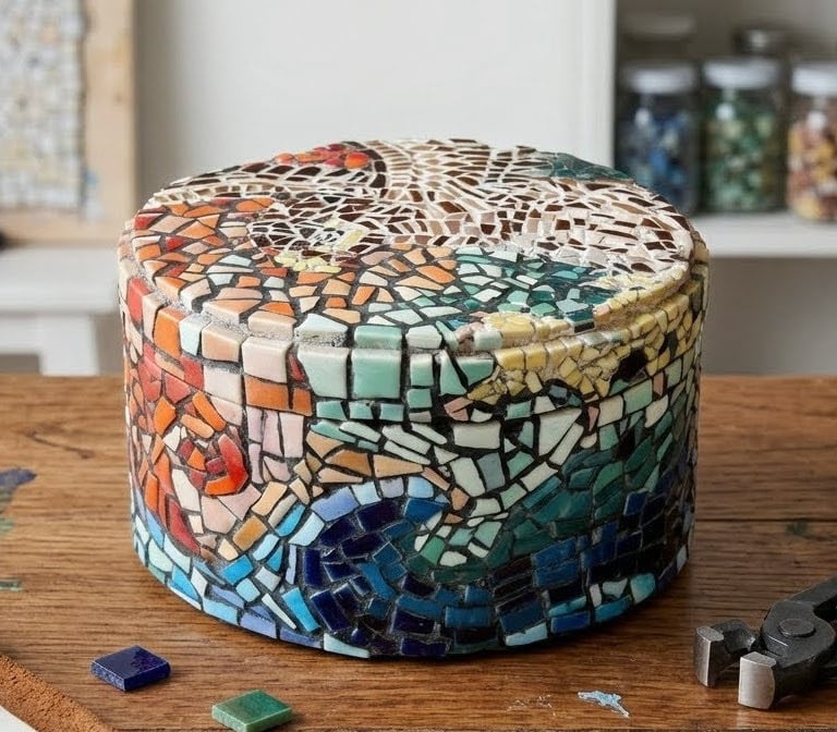 Cylindrical mosaic vessel featuring hand placed ceramic fragments in earthy tones.