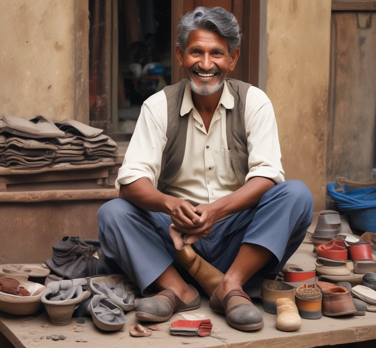 A man stands in a workshop holding a shoe in his hand. He wears a double-breasted suit and appears poised and confident. The room is filled with an array of shoes lined neatly along a table by the window, which lets in natural light. A large, artistic backdrop with a faint portrait adds depth to the space.