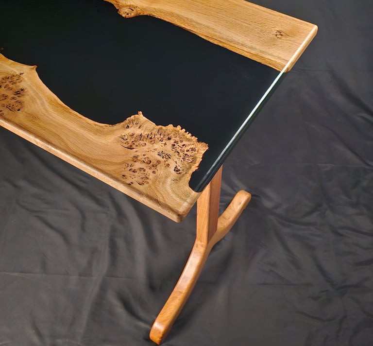 Solid Oak and Black Epoxy Desk top angle view