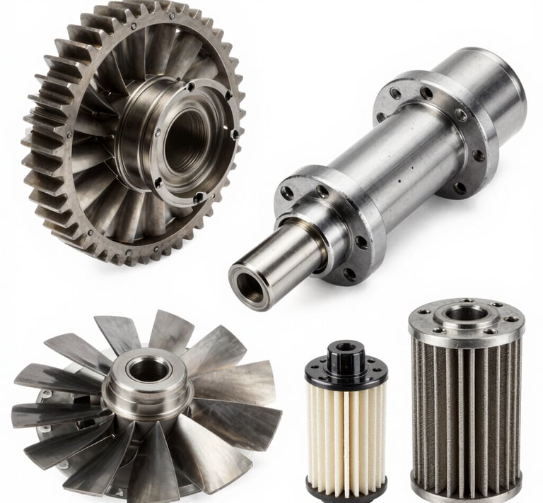 High-quality industrial photo showing a close-up of heavy machinery gears and filters.
