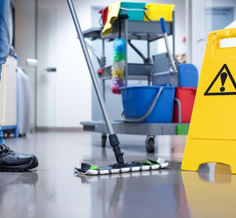 Agent de nettoyage qui lave le sol au balai de lavage