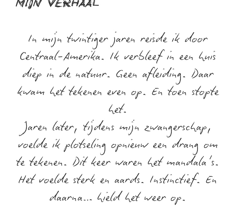 Mijn verhaal, over mij, bio, handgetekend creatie handgetekende illustraties handomtrek gepersonaliseerd
