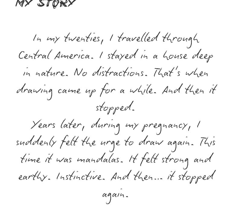 Handwritten story about an artist's journey with drawing and mandalas during pregnancy.