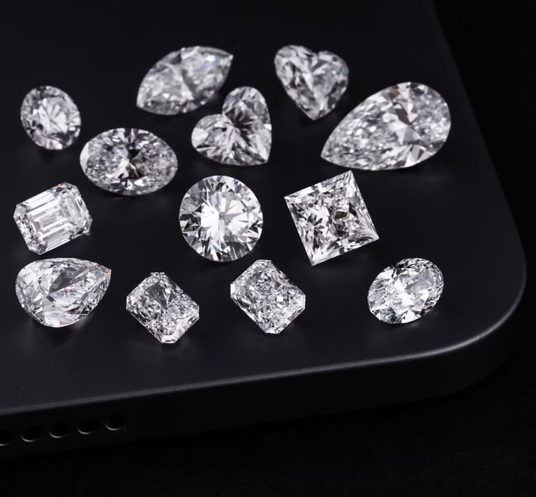 Diamonds of various shapes are on a black surface.