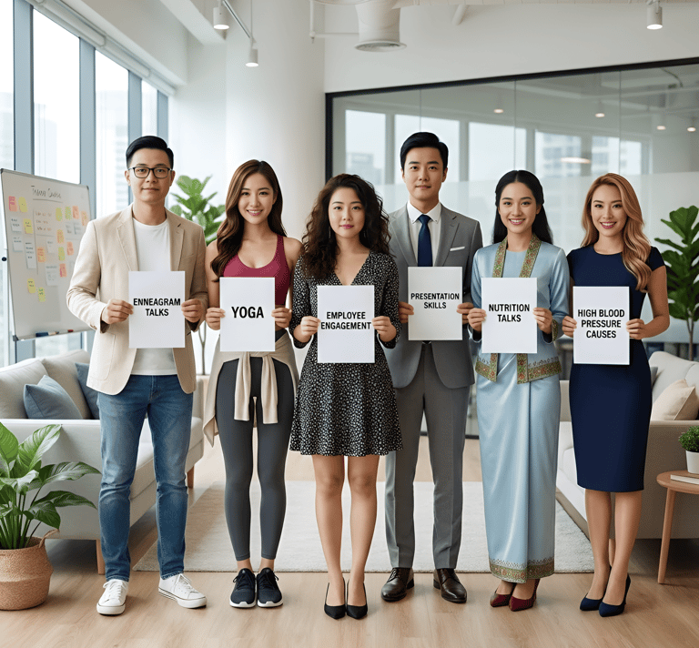 6 men and women office executives standing in an office holding  up signs offering education courses