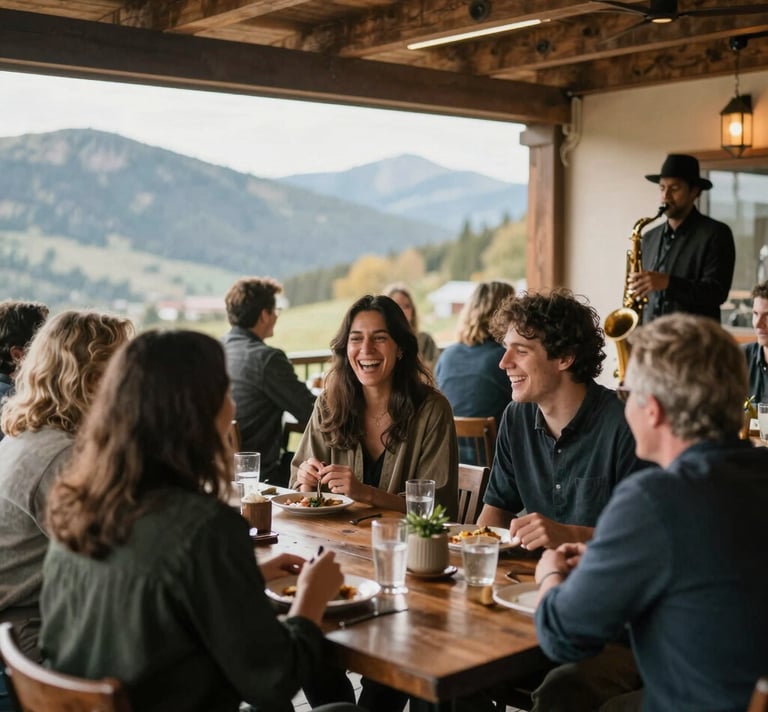 An elegant evening event in a castle with soft candlelight and string quartet performing.
