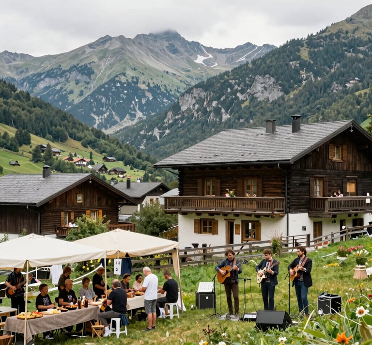An elegant evening event in a castle with soft candlelight and string quartet performing.