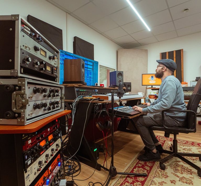 A sound engineer works in a professional music studio with analog gear, mixing consoles, and monitors.