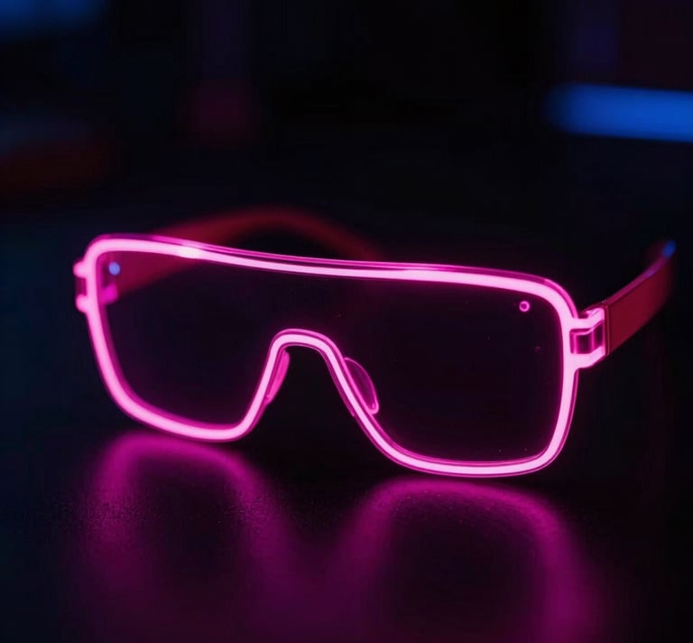 A close-up of futuristic LED party glasses glowing intensely with hot pink neon light in a pitch-black club environment, high contrast, 35mm lens