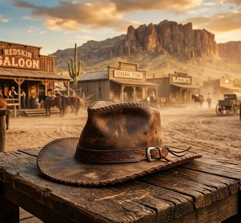 Chapeau de cowboy en cuir sur une table en bois, avec une rue du Far West au coucher du soleil en arrière-plan.