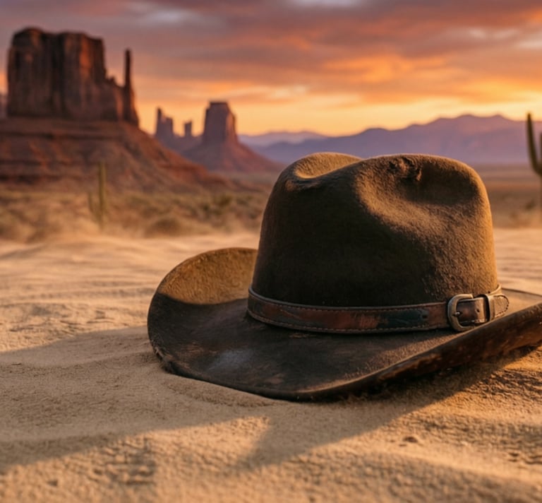 Chapeau de cowboy en feutre brun posé sur le sable rouge au coucher du soleil dans Monument Valley.
