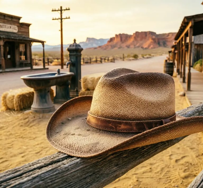 Chapeau de cowboy en paille sur une clôture en bois, avec une rue de ville du Far West au coucher du soleil.