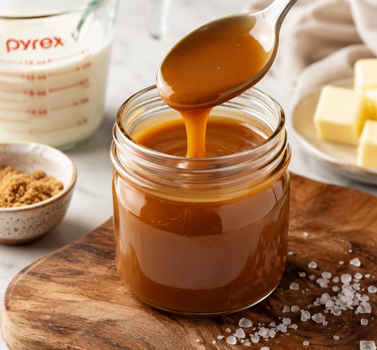 A spoon pouring smooth homemade salted caramel sauce into a glass jar with butter and sugar nearby.
