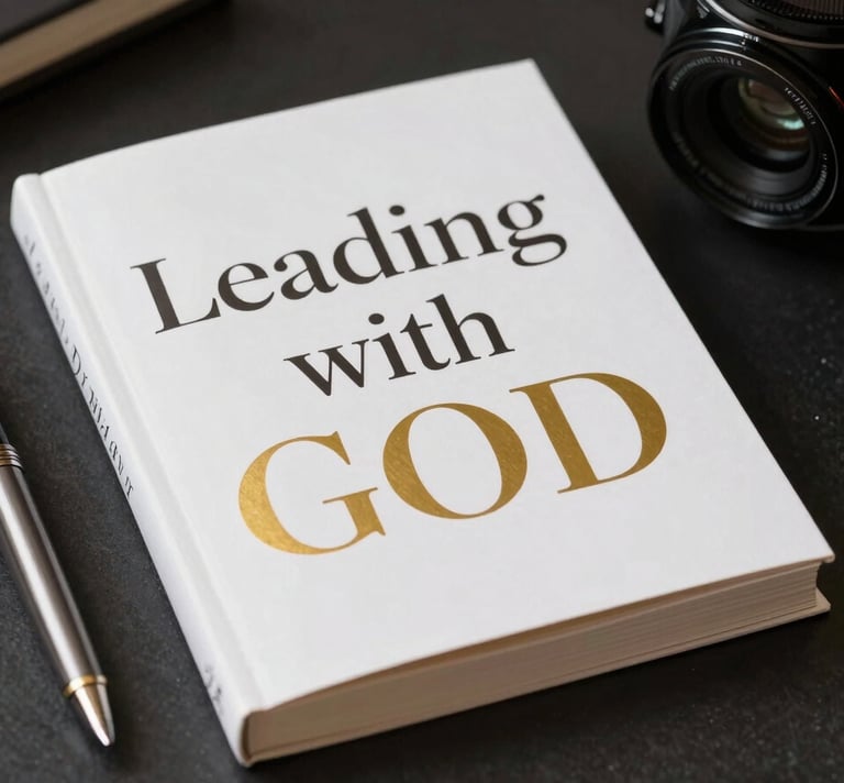 Dignified book cover of 'Leading With GOD' with elegant gold and charcoal typography, resting on a dark table next to a fountain pen