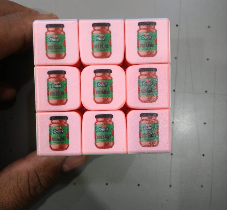 Intricate UV printing on small cubes for corporate promotional items