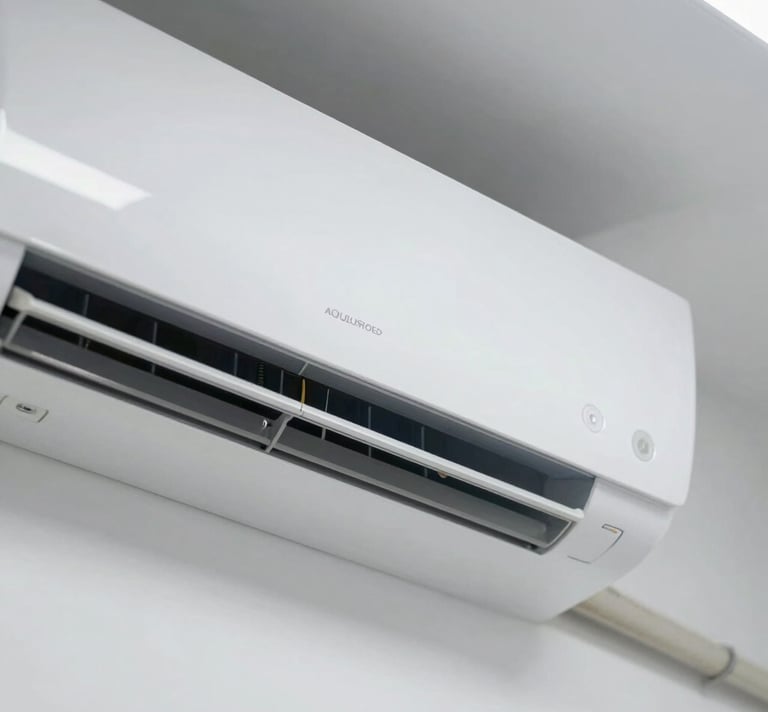 Close-up of a modern white wall-mounted air conditioning unit in a clean, brightly lit corporate office with soft daylight, sharp details.