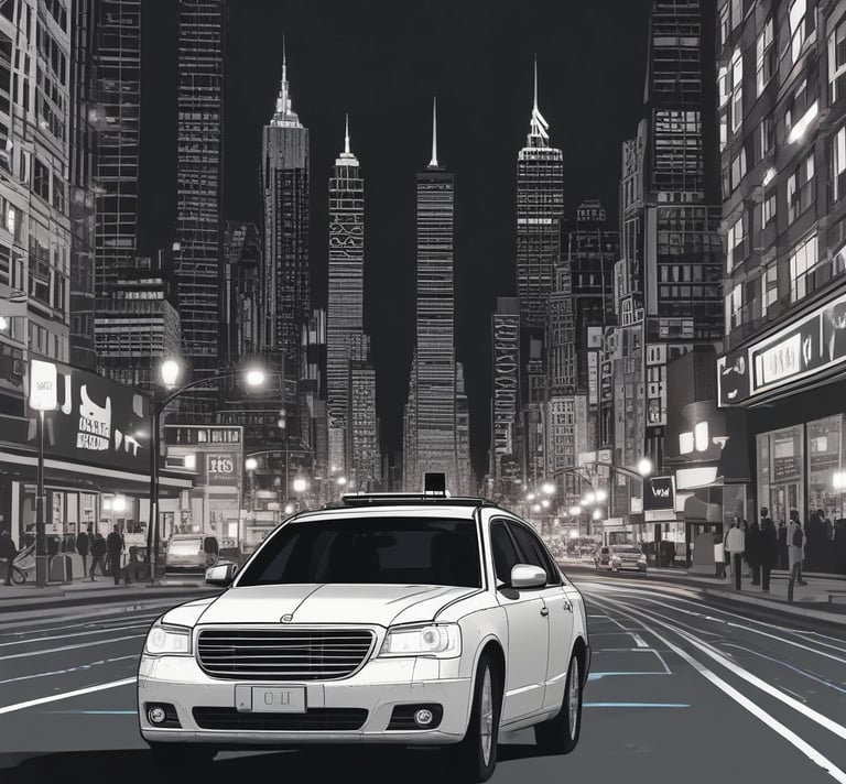 A taxi moving through a wet, dimly lit urban environment at night. The reflection of streetlights and surrounding elements is visible in the wet pavement. Two people are inside the vehicle, with one seemingly looking at a device.