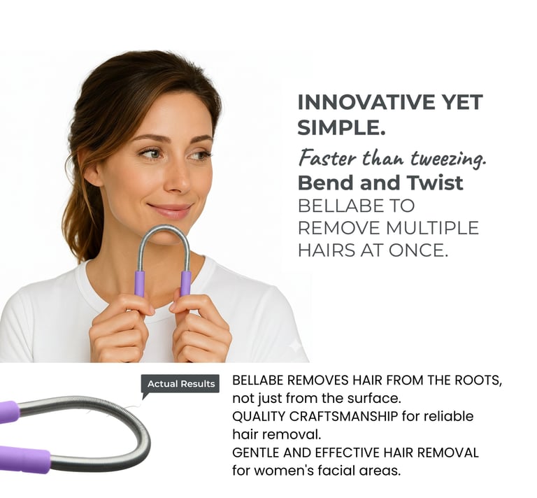 Woman using a Bellabe on her chin to remove multiple hairs at once. And a picture of the Bellabe