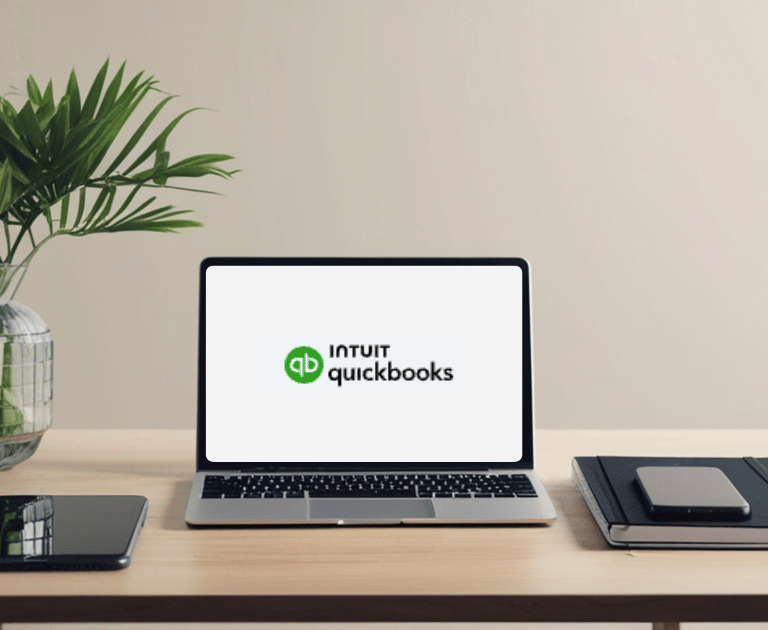 Intuit QuickBooks software displayed on a laptop screen in a modern home office setting.