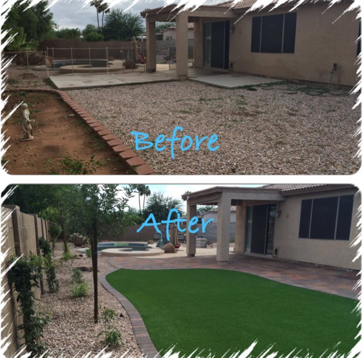 a before and after backyard patio with a lawn photo