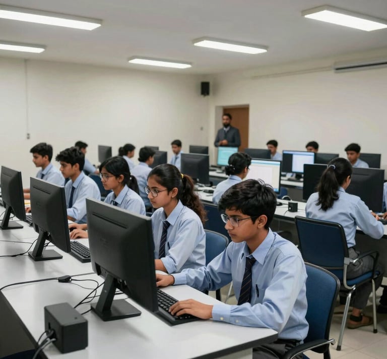 Medium-wide shot of a college computer lab in Punjab — rows of desktop computers on white desks, students in school uniforms seated and working, fluorescent overhead lighting, instructor standing at the far end of the room, no posed subjects