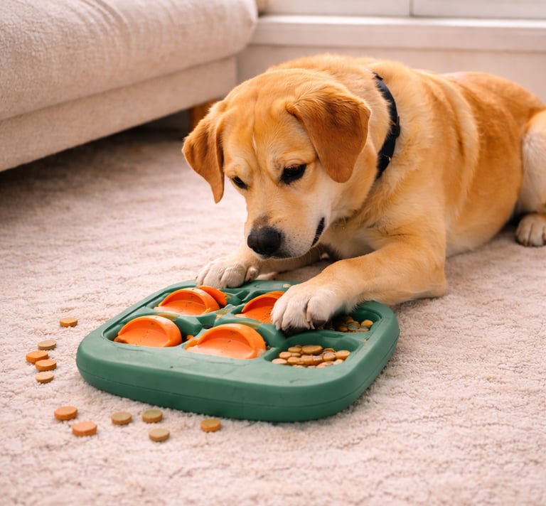 Dog using puzzle feeder indoors