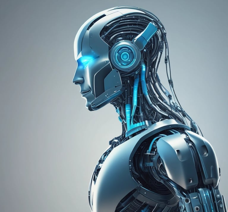 Perfil lateral de um robô humanoide futurista prateado com olhos azuis brilhantes e fiação mecânica