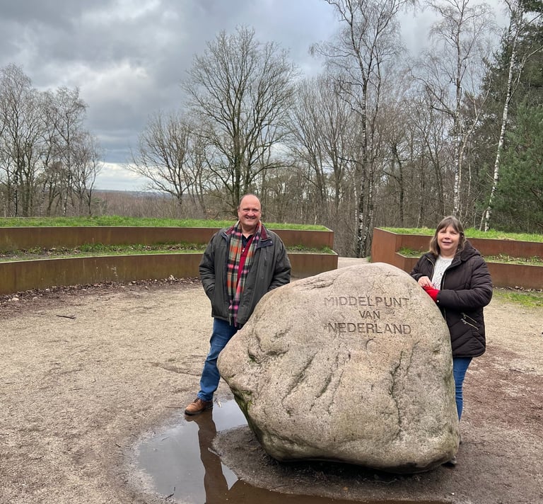 Maurice and Rachel visiting the stone that marks the centre of the Netherlands