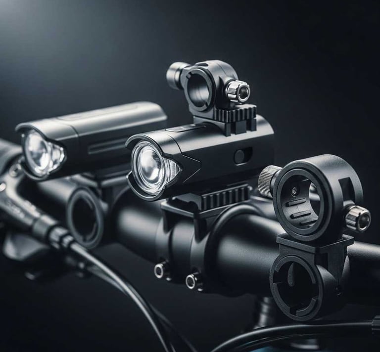 A close-up, dark and moody studio shot showcases sleek, black plastic bike mounts designed for cycling accessories.
