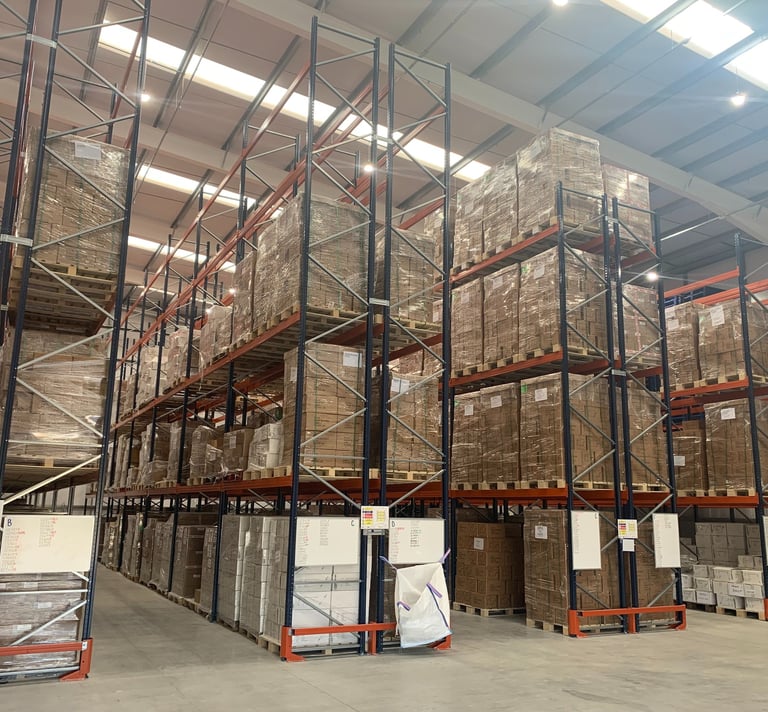 tall pallet racking in narrow aisle configuration with rack end protectors  