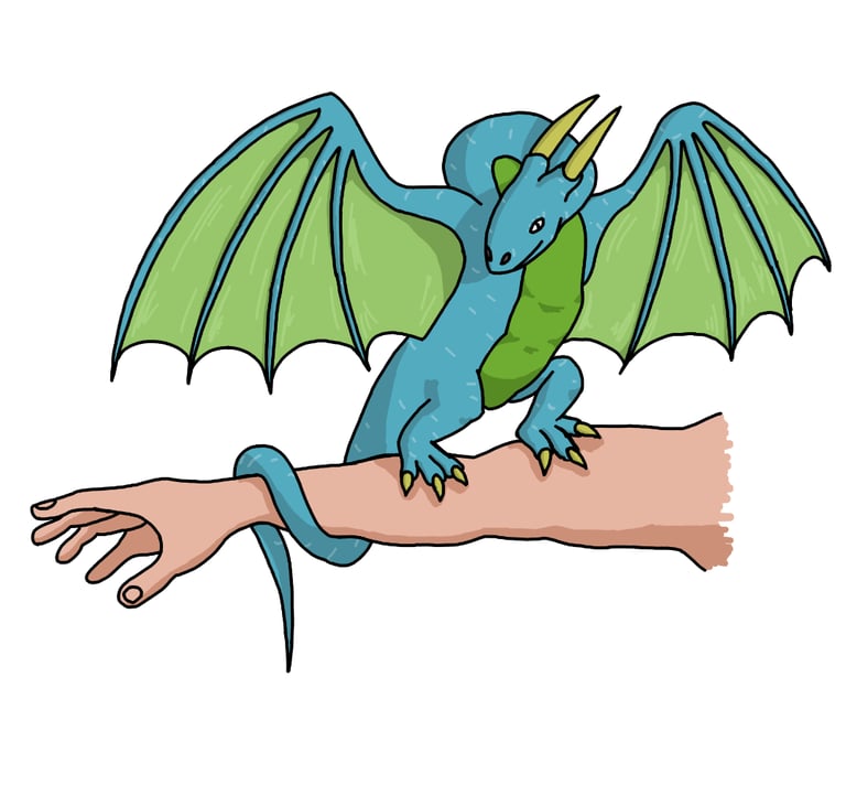 drawing of a dragon sat on an arm