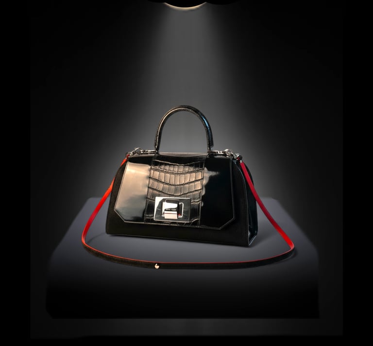 Elegant black crocodile leather handbag with a red shoulder strap illuminated by a spotlight.