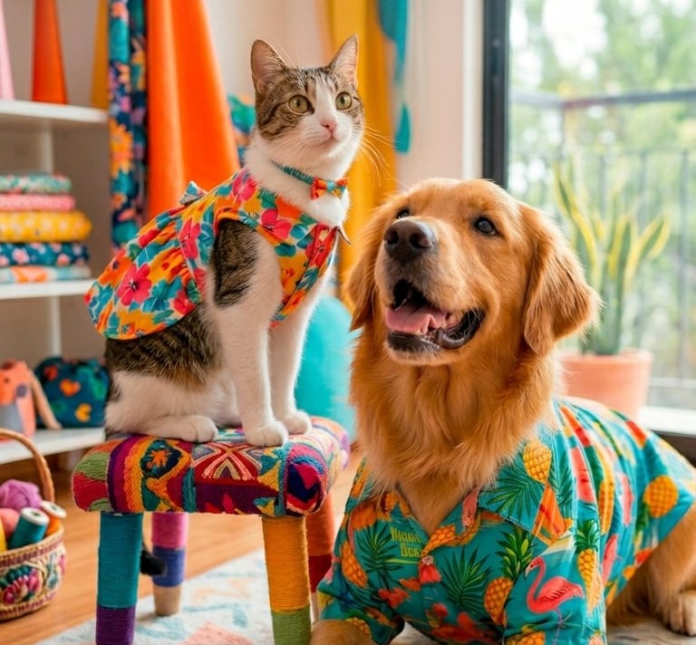 Perro Golden Retriever y un gato atigrado posando juntos con camisas veraniegas de flores tropicales