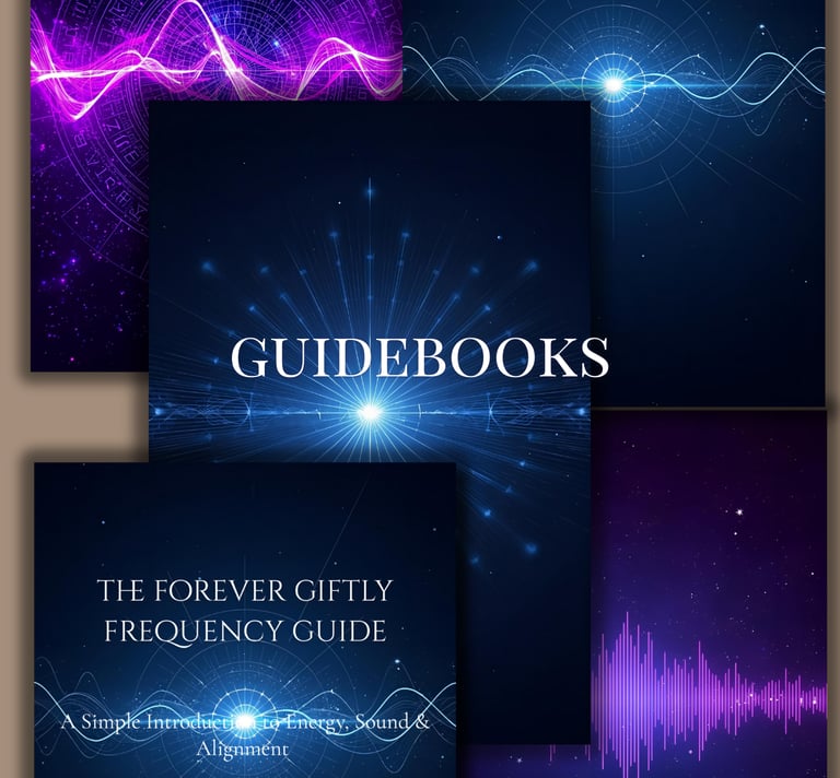 collage of Forever Giftly guidebooks with blue frequency and energy design
